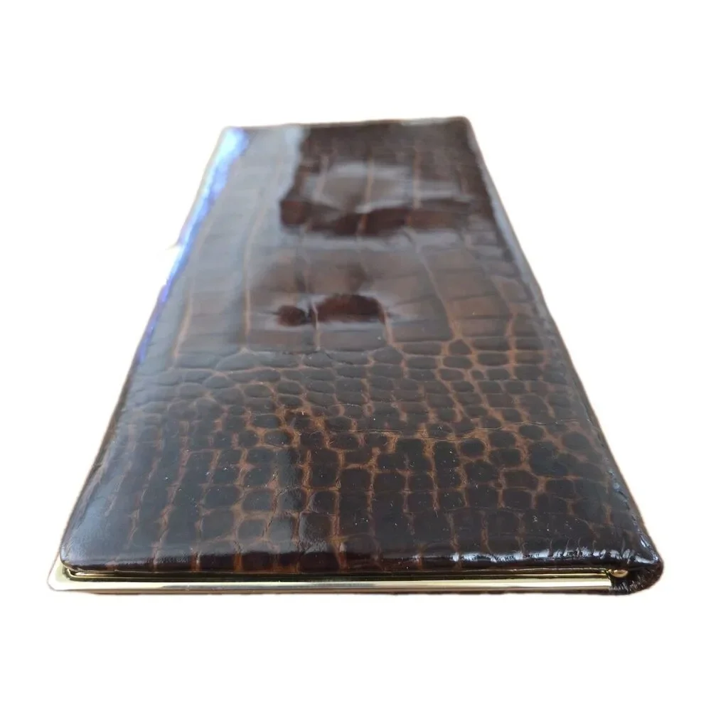 LODIS Vintage Brown Crocodile Patent Leather Large Framed Clutch Wallet